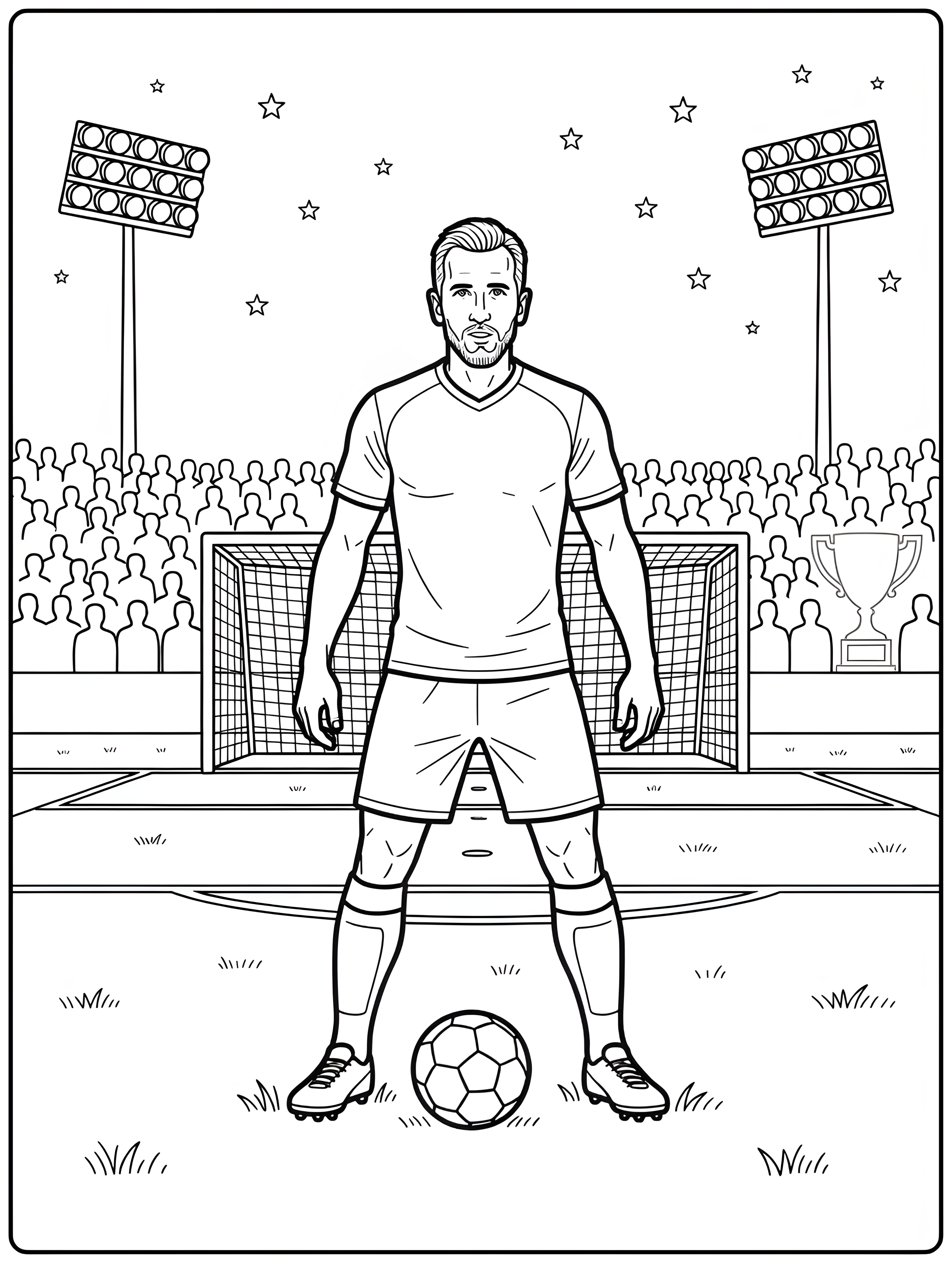 Ausmalbild: Harry Kane steht als Torwart mit gespreizten Beinen vor dem Tor; ein Fußball liegt vor seinen Füßen, dahinter sind Zuschauer und Flutlicht zu sehen.