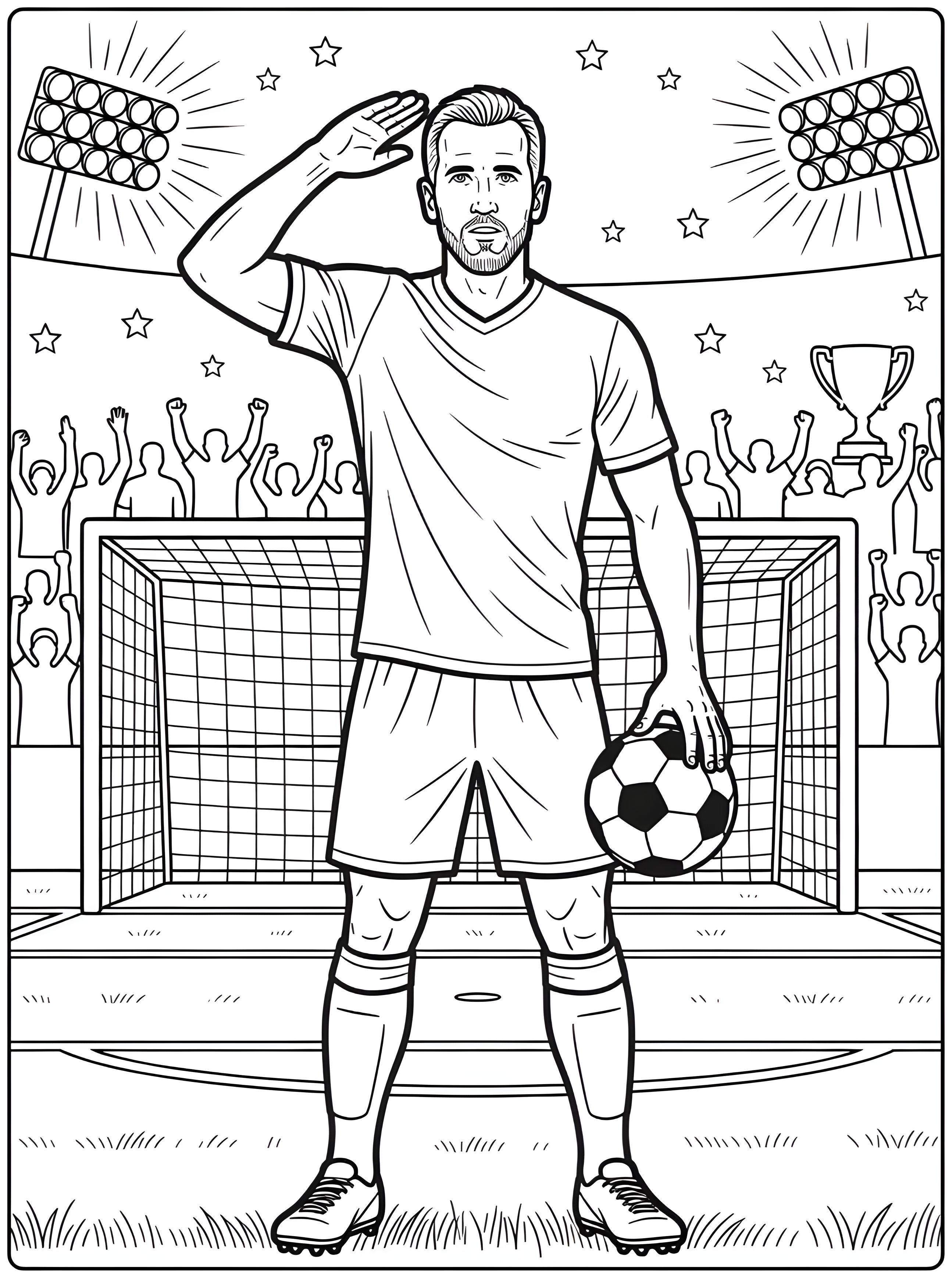 Ausmalbild: Harry Kane hebt eine Hand zum Gruß und hält einen Fußball vor einem Fußballtor, während Fans auf den Rängen jubeln.
