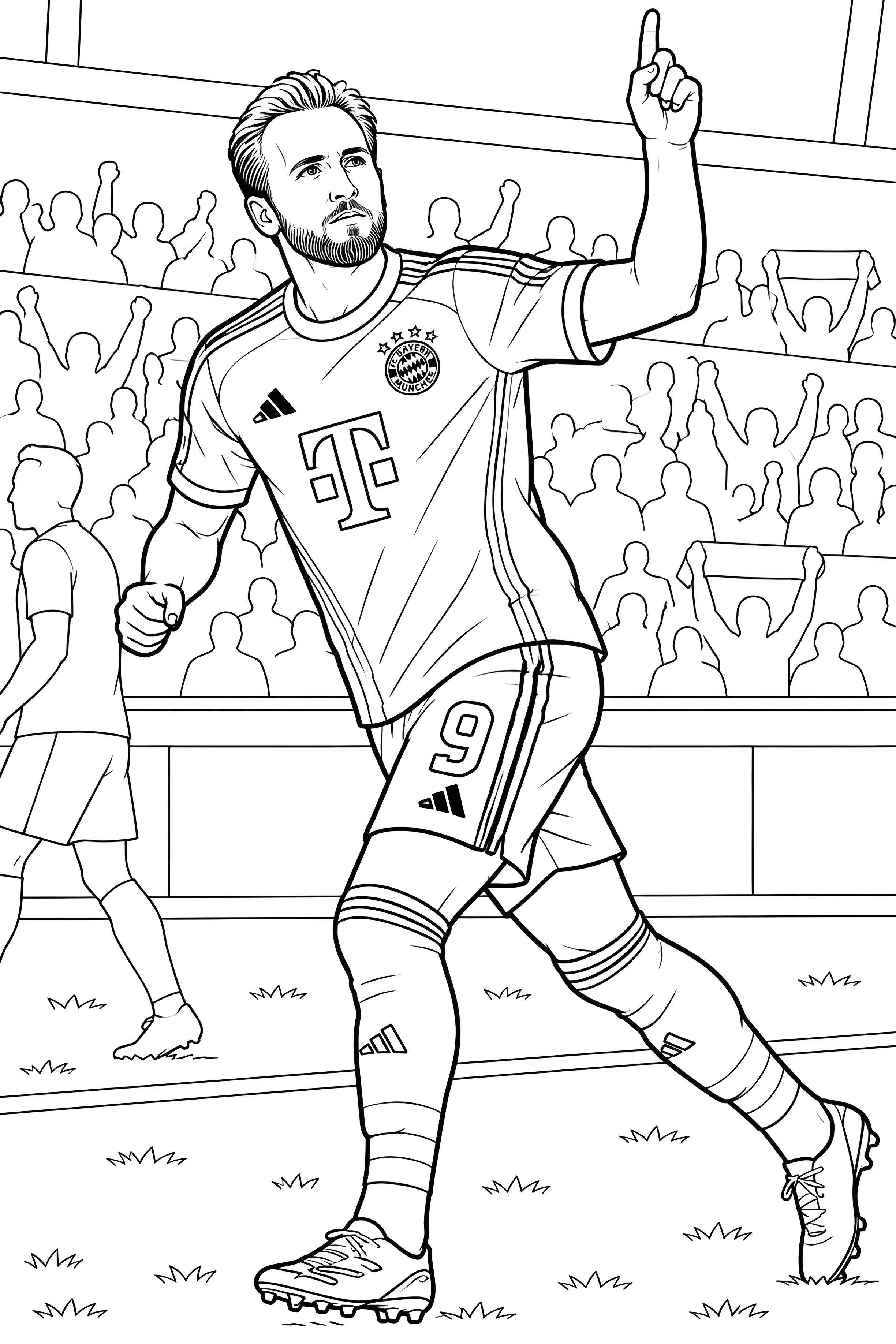 Ausmalbild: Harry Kane im FC-Bayern-Trikot mit der Nummer 9 jubelt mit erhobenem Zeigefinger vor den Fans im Stadion.