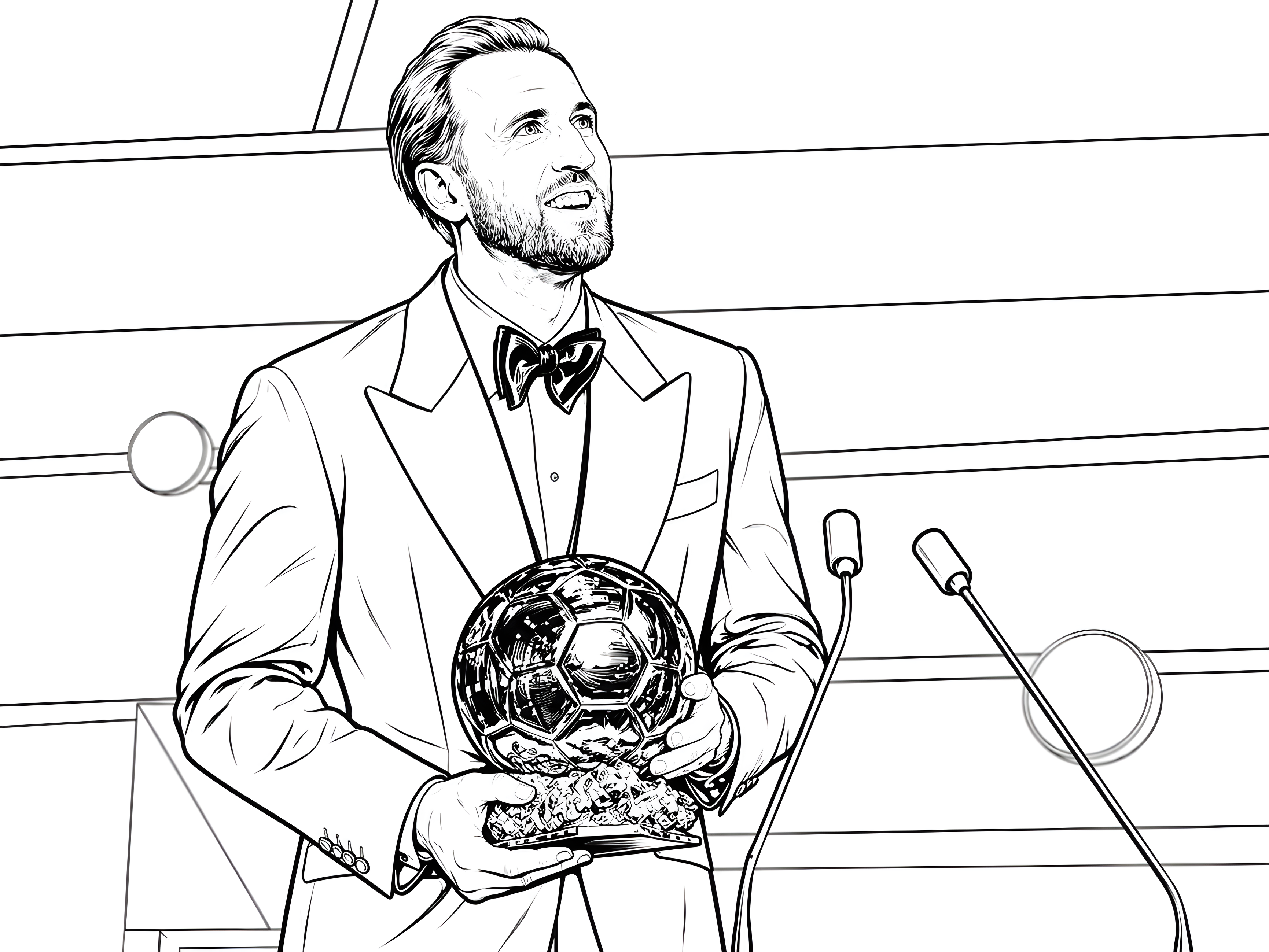 Ausmalbild: Harry Kane im Smoking mit Fliege hält den Ballon d’Or 2026, den Goldenen Ball, auf der Bühne vor zwei Mikrofonen.