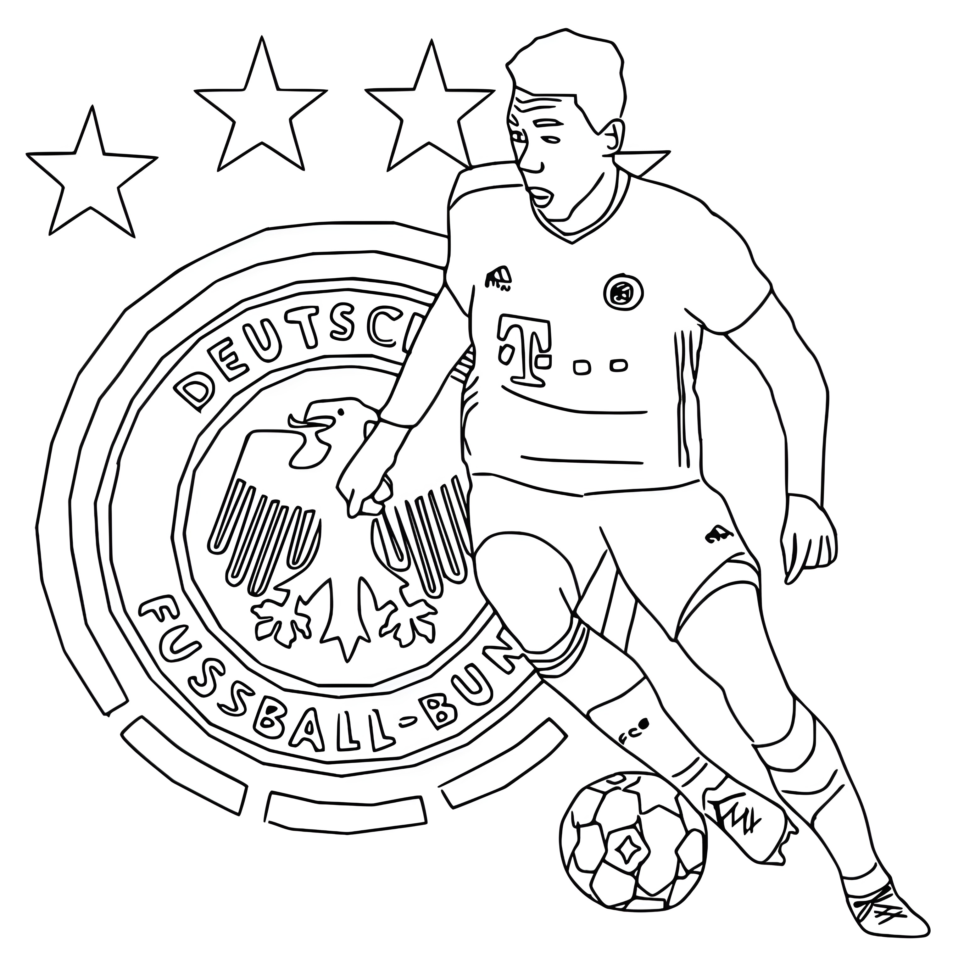 Ausmalbild: Jamal Musiala im Bayern-Trikot dribbelt mit dem Ball vor dem Adler-Wappen des Deutschen Fußball-Bunds.