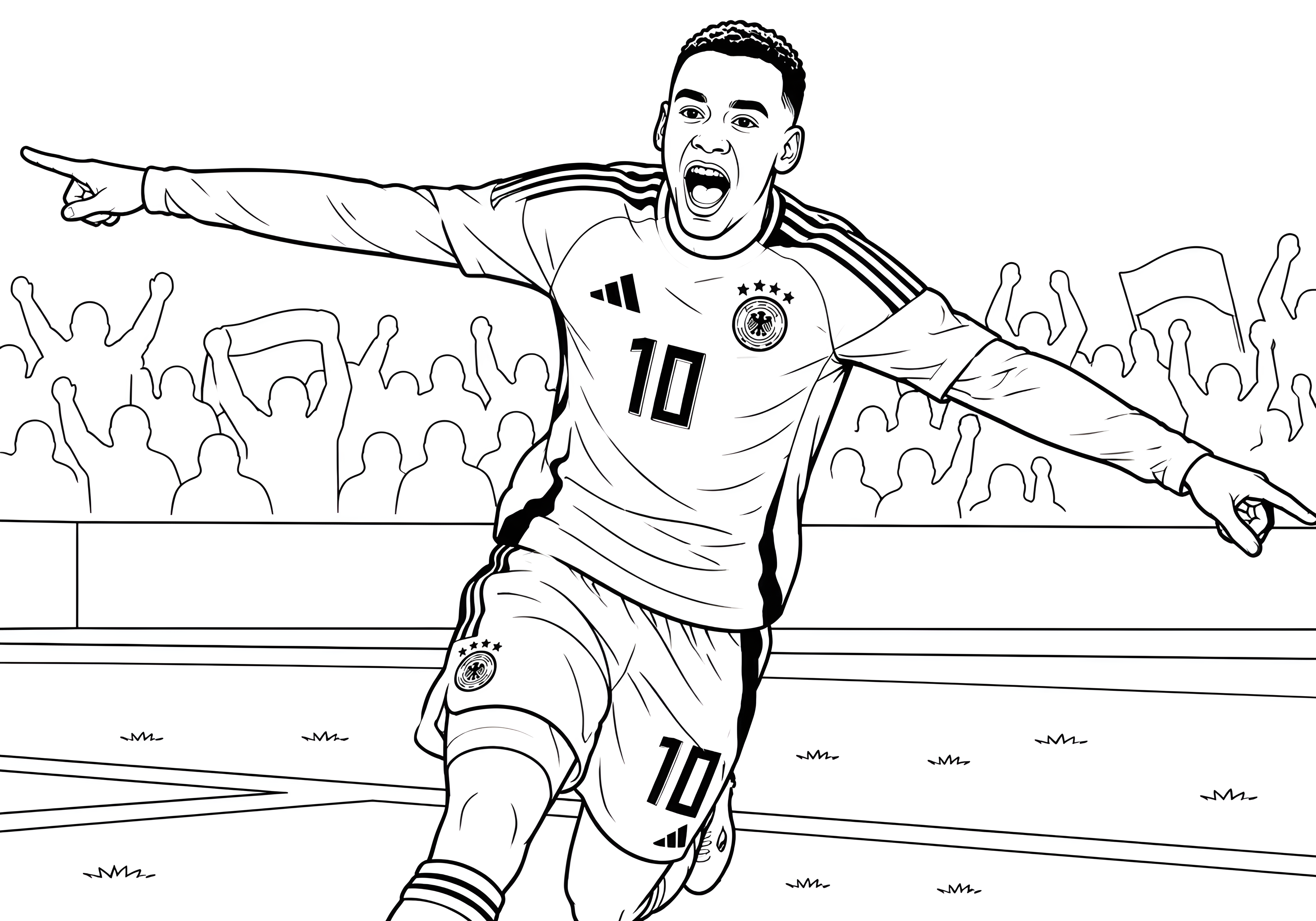 Ausmalbild: Jamal Musiala jubelt mit ausgebreiteten Armen im Trikot der deutschen Nationalmannschaft vor den Fans.