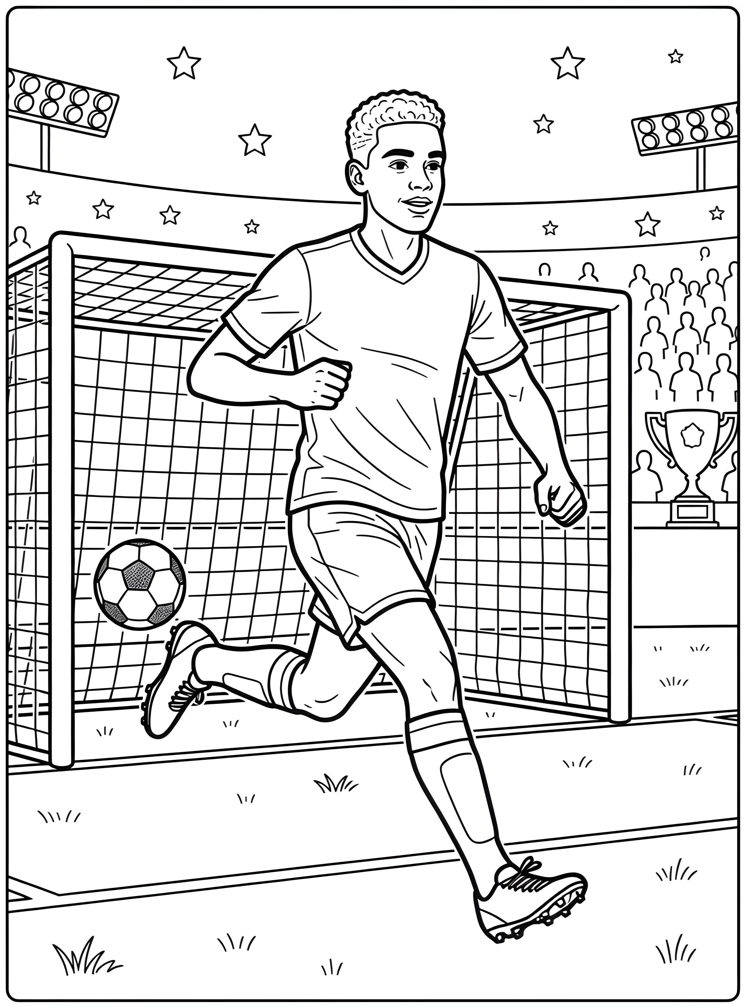 Ausmalbild: Jamal Musiala läuft mit geballter Faust vor dem Tor, während ein Fußball im Netz liegt.