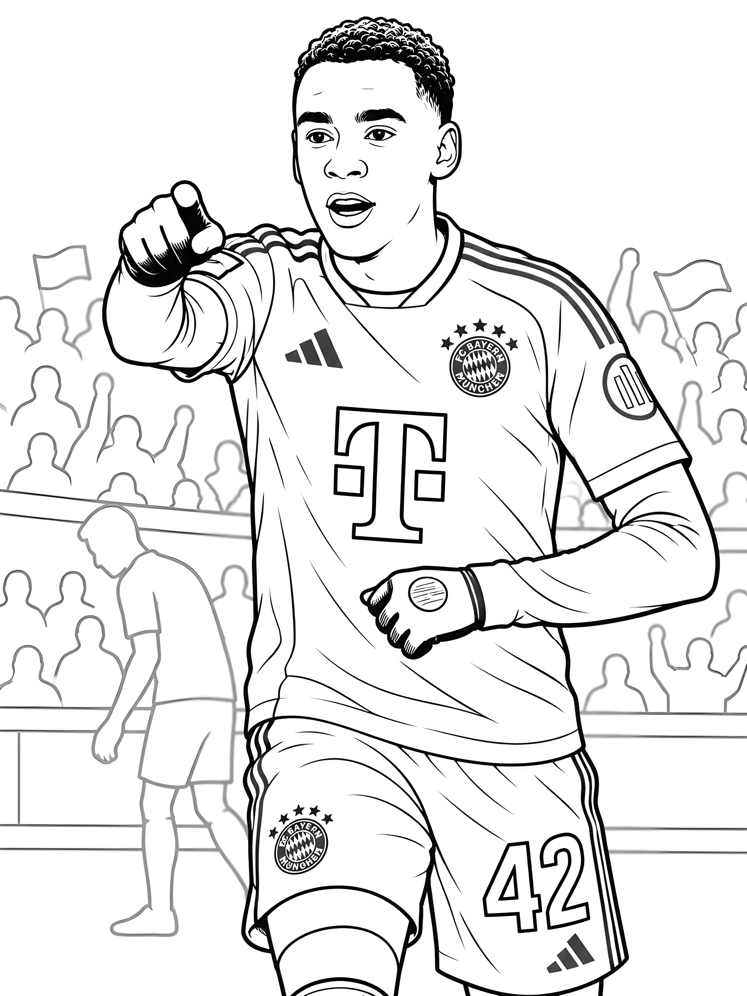 Ausmalbild: Jamal Musiala zeigt im Trikot des FC Bayern München mit dem Finger nach vorn, jubelnde Fans stehen im Hintergrund.